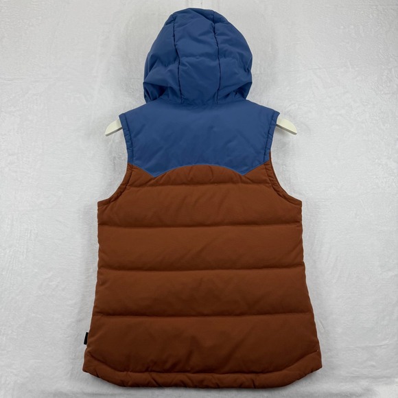 Patagonia Womens Bivvy Down Vest‎ Hooded Puffer Brown Blue Snap Front Sz S READ - Picture 14 of 15